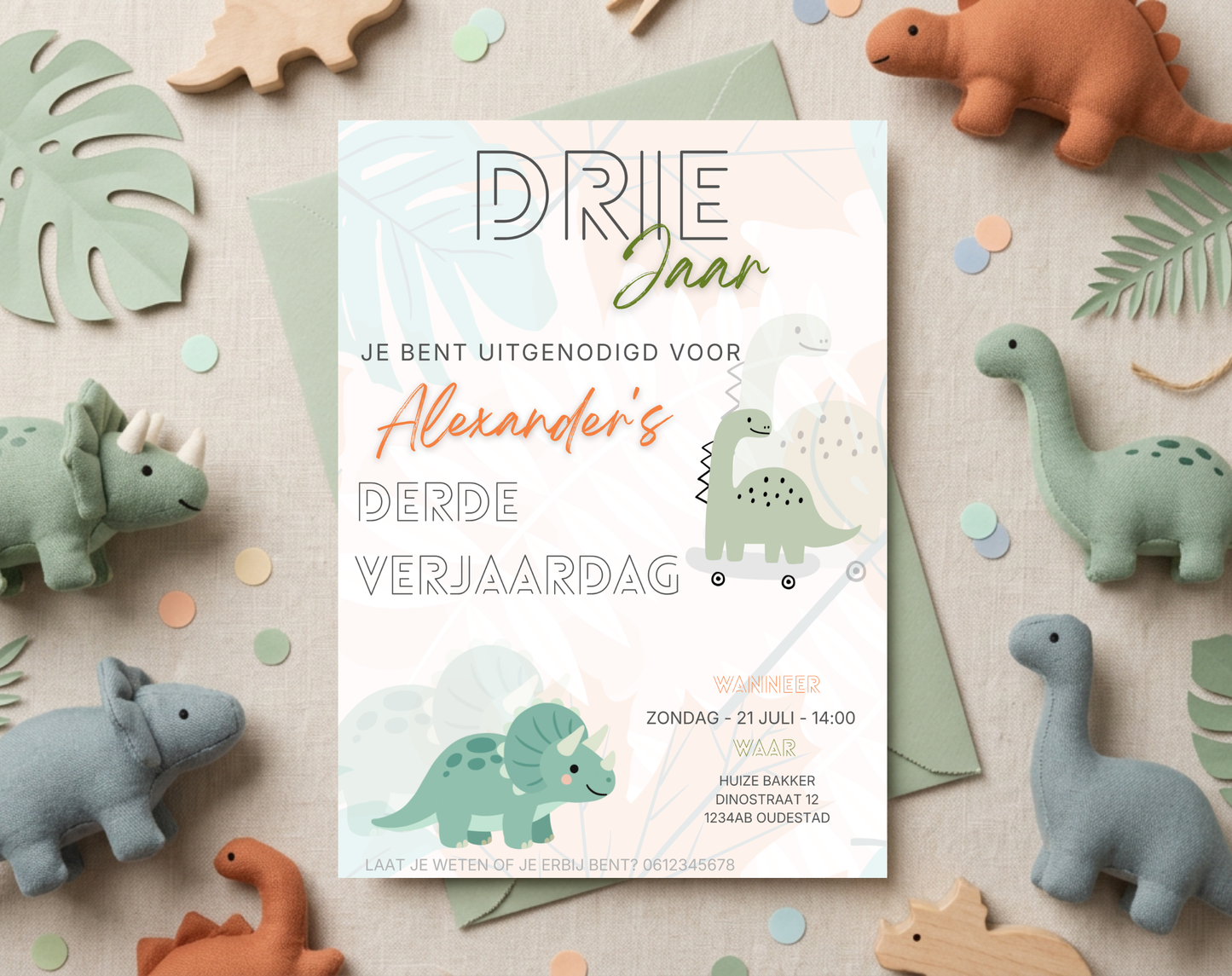 Dino Derde Verjaardag Uitnodigingstemplate | Bewerkbare Canva Template | A5, A6 & WhatsApp | Digitale Download