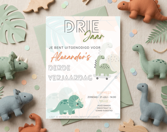 Dino Derde Verjaardag Uitnodigingstemplate | Bewerkbare Canva Template | A5, A6 & WhatsApp | Digitale Download