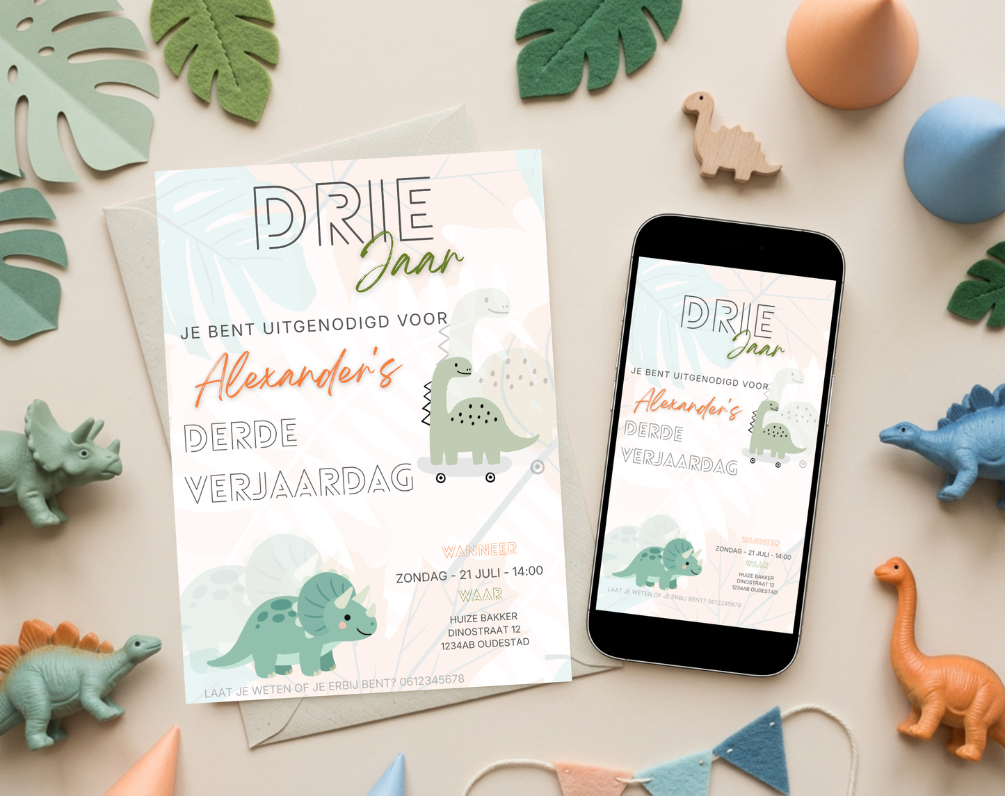 Dino Derde Verjaardag Uitnodigingstemplate | Bewerkbare Canva Template | A5, A6 & WhatsApp | Digitale Download