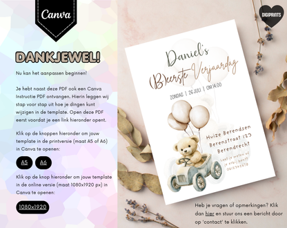 Teddybeer Eerste Verjaardag Uitnodigingstemplate | Bewerkbare Canva Template | A5, A6 & WhatsApp | Digitale Download