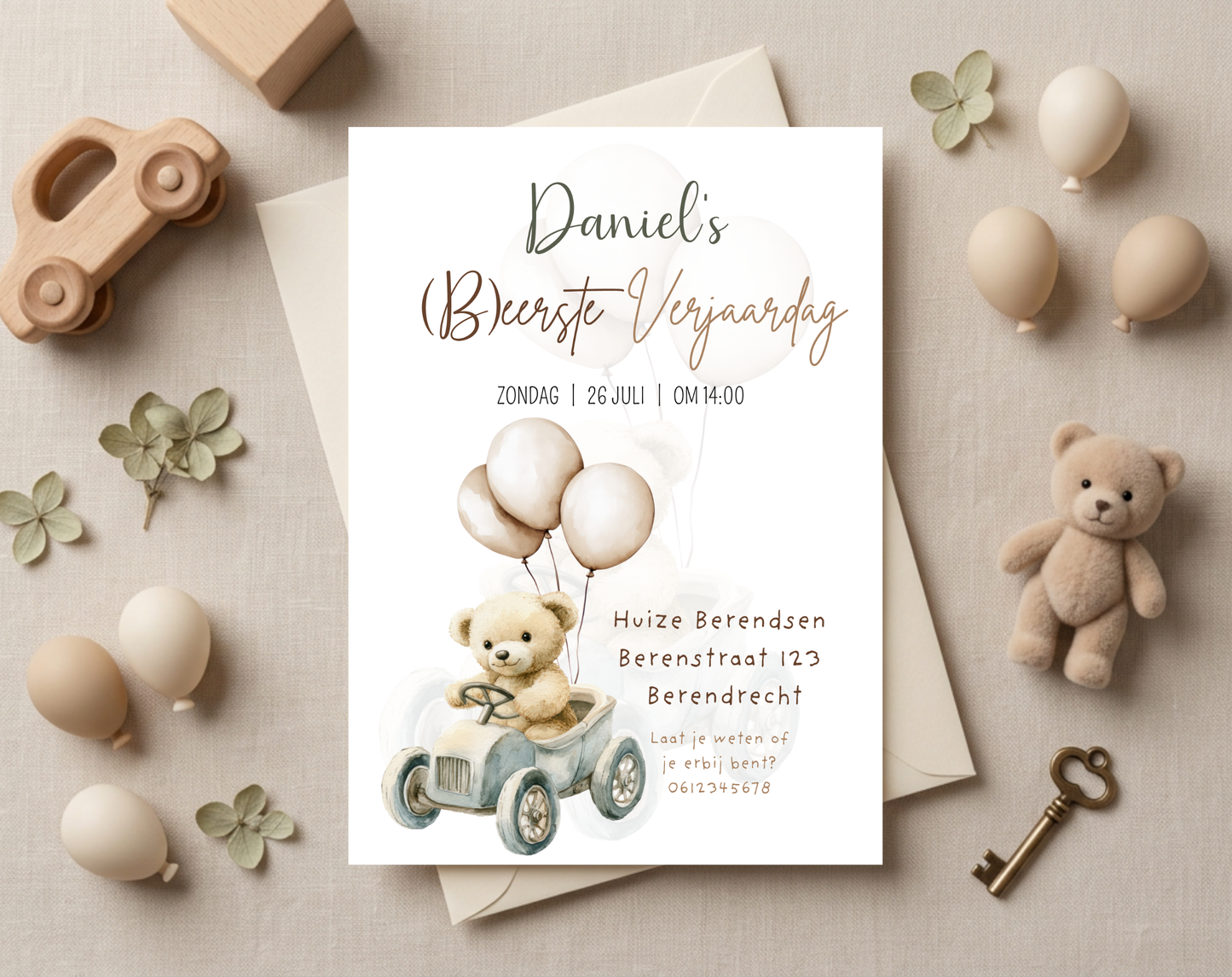 Teddybeer Eerste Verjaardag Uitnodigingstemplate | Bewerkbare Canva Template | A5, A6 & WhatsApp | Digitale Download