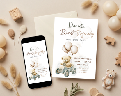Teddybeer Eerste Verjaardag Uitnodigingstemplate | Bewerkbare Canva Template | A5, A6 & WhatsApp | Digitale Download