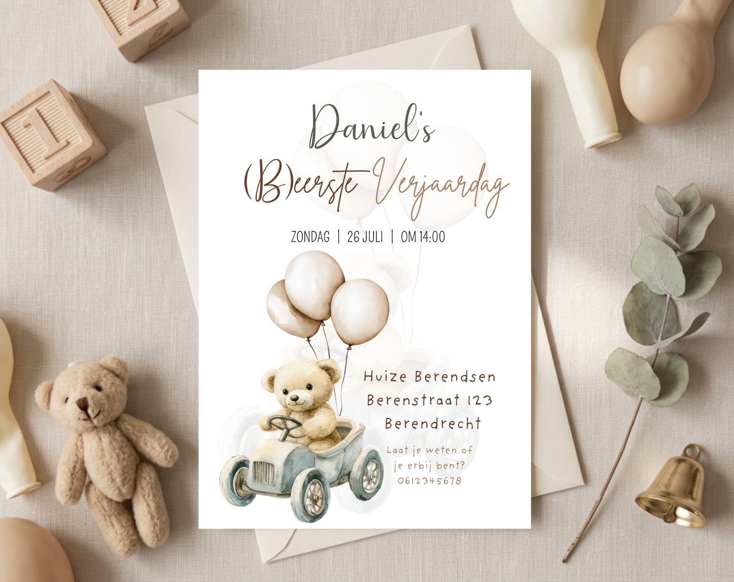 Teddybeer Eerste Verjaardag Uitnodigingstemplate | Bewerkbare Canva Template | A5, A6 & WhatsApp | Digitale Download