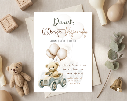 Teddybeer Eerste Verjaardag Uitnodigingstemplate | Bewerkbare Canva Template | A5, A6 & WhatsApp | Digitale Download