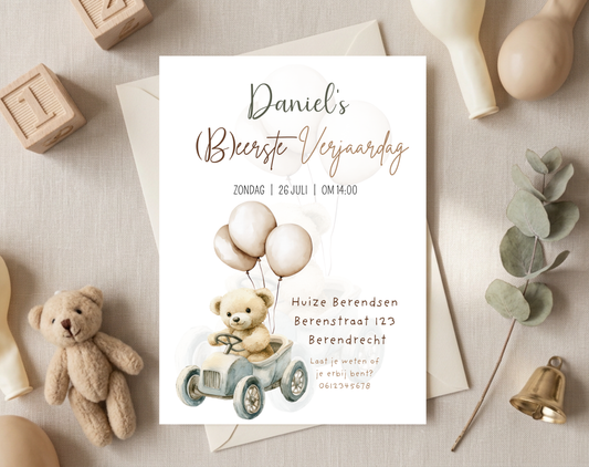 Teddybeer Eerste Verjaardag Uitnodigingstemplate | Bewerkbare Canva Template | A5, A6 & WhatsApp | Digitale Download