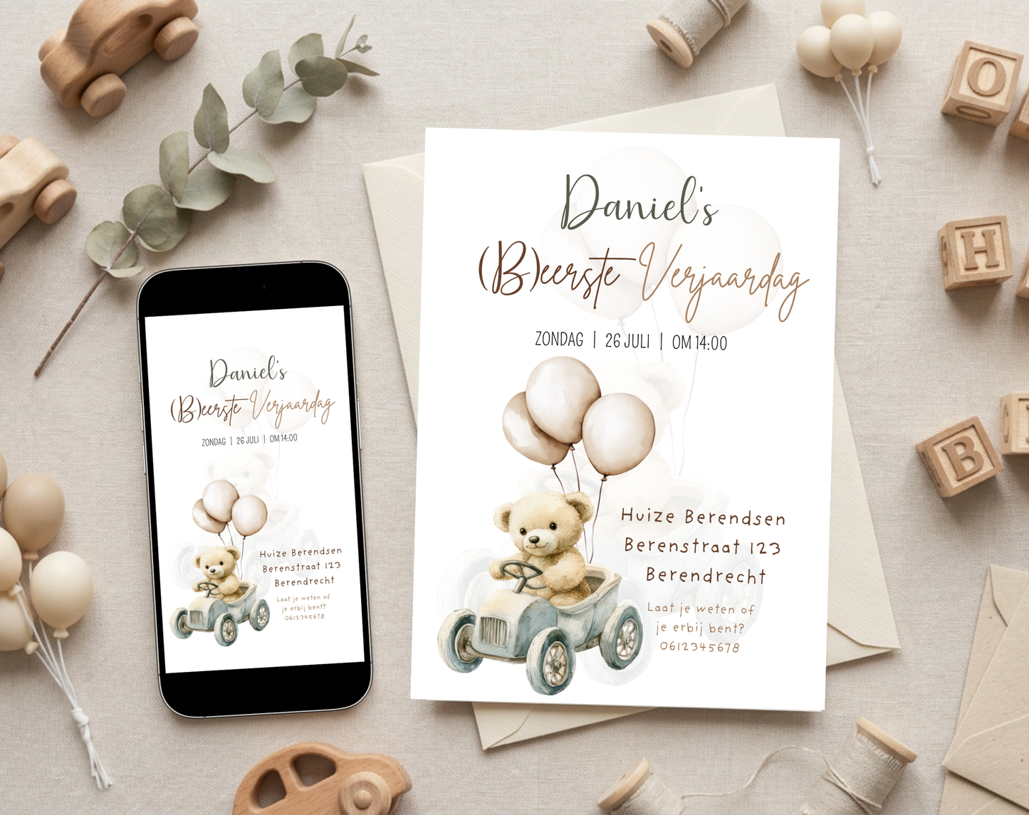 Teddybeer Eerste Verjaardag Uitnodigingstemplate | Bewerkbare Canva Template | A5, A6 & WhatsApp | Digitale Download