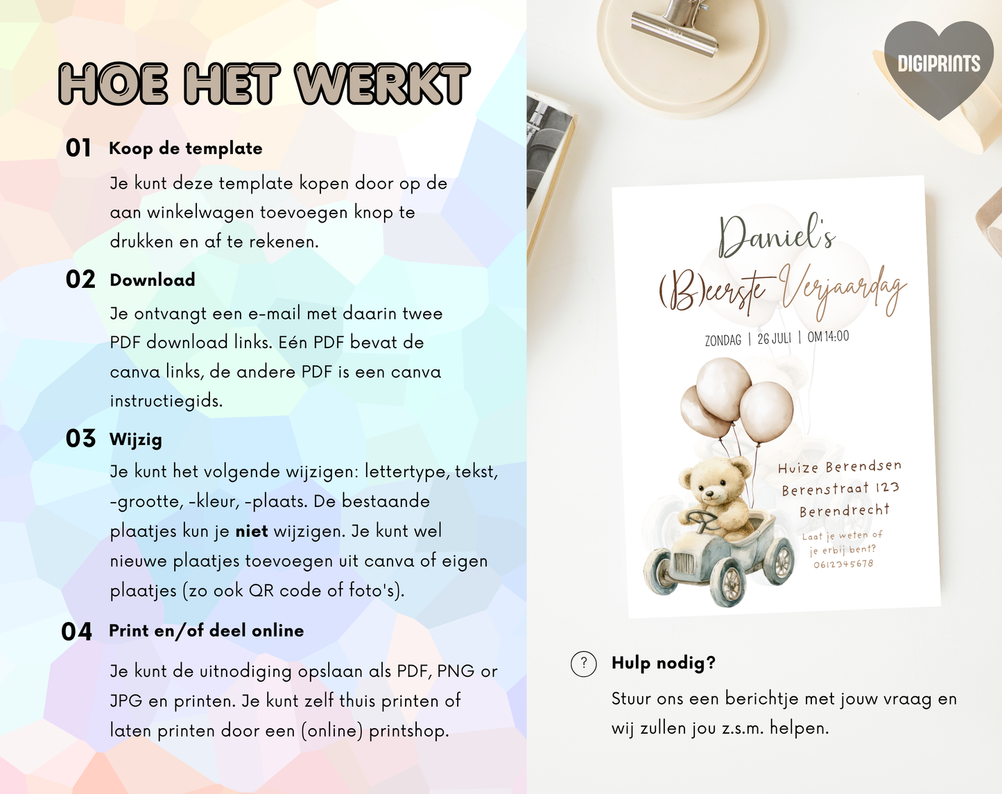 Teddybeer Eerste Verjaardag Uitnodigingstemplate | Bewerkbare Canva Template | A5, A6 & WhatsApp | Digitale Download