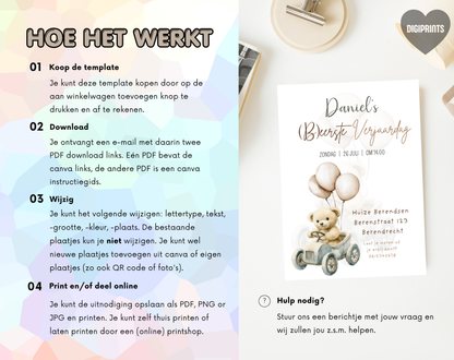 Teddybeer Eerste Verjaardag Uitnodigingstemplate | Bewerkbare Canva Template | A5, A6 & WhatsApp | Digitale Download