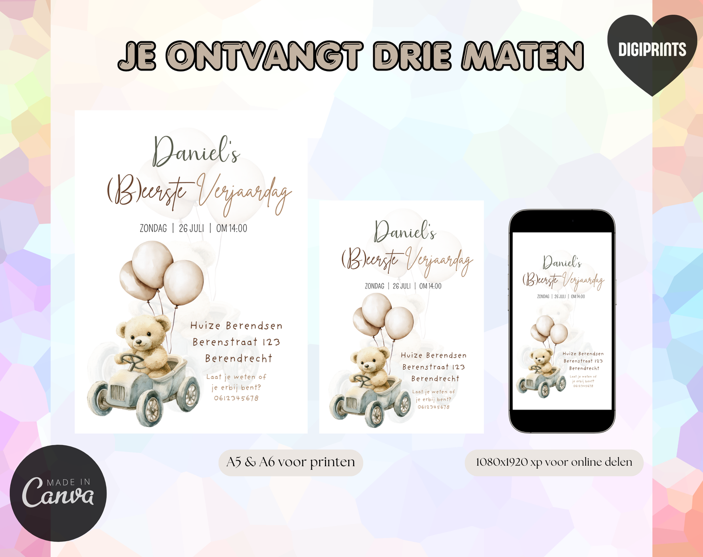 Teddybeer Eerste Verjaardag Uitnodigingstemplate | Bewerkbare Canva Template | A5, A6 & WhatsApp | Digitale Download