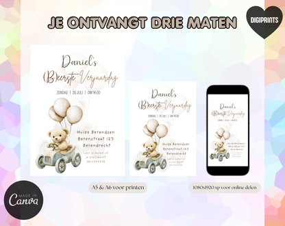 Teddybeer Eerste Verjaardag Uitnodigingstemplate | Bewerkbare Canva Template | A5, A6 & WhatsApp | Digitale Download