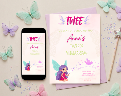 Elfje Tweede Verjaardag Uitnodigingstemplate | Bewerkbare Canva Template | A5, A6 & WhatsApp | Digitale Download