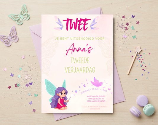 Elfje Tweede Verjaardag Uitnodigingstemplate | Bewerkbare Canva Template | A5, A6 & WhatsApp | Digitale Download