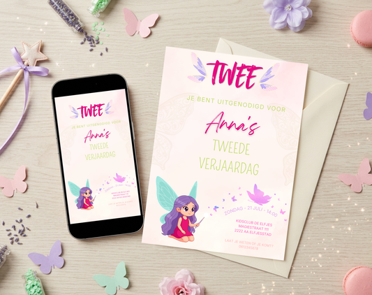 Elfje Tweede Verjaardag Uitnodigingstemplate | Bewerkbare Canva Template | A5, A6 & WhatsApp | Digitale Download