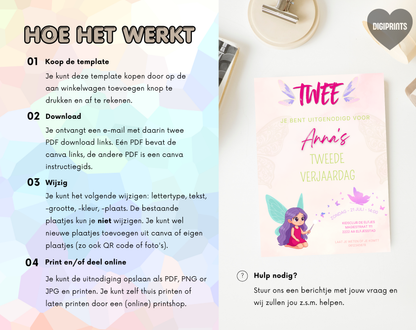 Elfje Tweede Verjaardag Uitnodigingstemplate | Bewerkbare Canva Template | A5, A6 & WhatsApp | Digitale Download