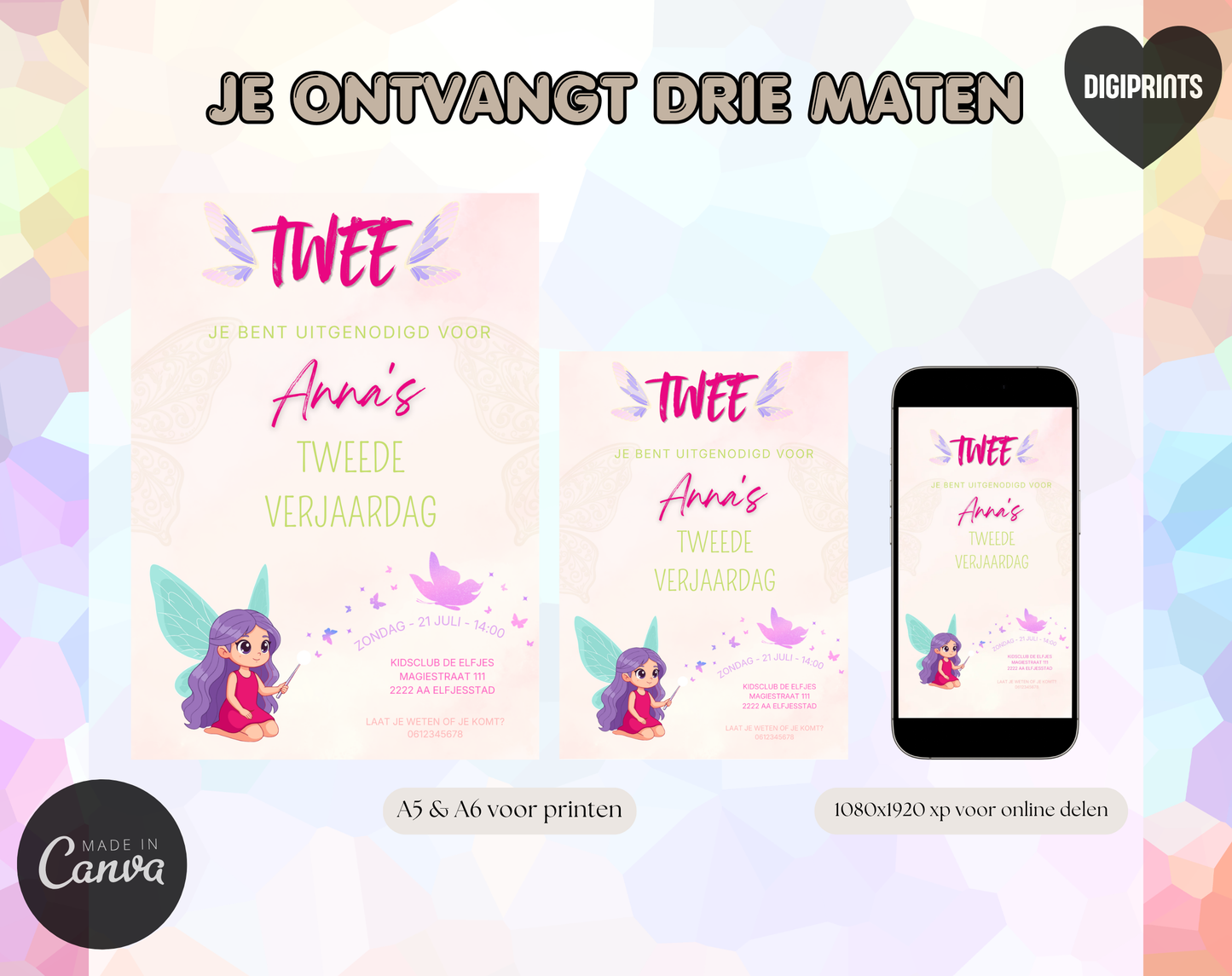 Elfje Tweede Verjaardag Uitnodigingstemplate | Bewerkbare Canva Template | A5, A6 & WhatsApp | Digitale Download