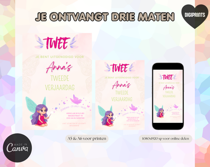 Elfje Tweede Verjaardag Uitnodigingstemplate | Bewerkbare Canva Template | A5, A6 & WhatsApp | Digitale Download