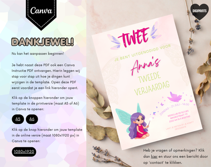 Elfje Tweede Verjaardag Uitnodigingstemplate | Bewerkbare Canva Template | A5, A6 & WhatsApp | Digitale Download