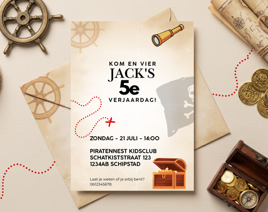Piraat 5e Verjaardag Uitnodigingstemplate | Bewerkbare Canva Template | A5, A6 & WhatsApp | Digitale Download