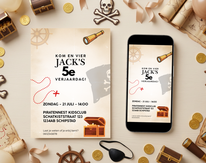 Piraat 5e Verjaardag Uitnodigingstemplate | Bewerkbare Canva Template | A5, A6 & WhatsApp | Digitale Download