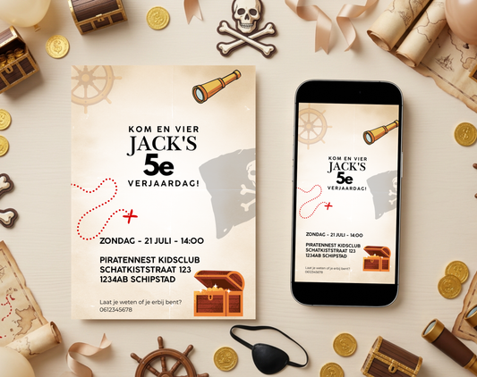 Piraat 5e Verjaardag Uitnodigingstemplate | Bewerkbare Canva Template | A5, A6 & WhatsApp | Digitale Download