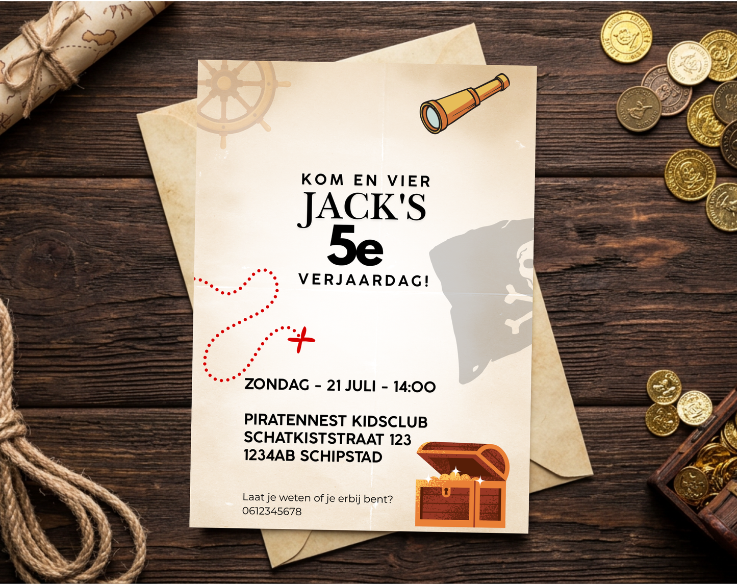Piraat 5e Verjaardag Uitnodigingstemplate | Bewerkbare Canva Template | A5, A6 & WhatsApp | Digitale Download