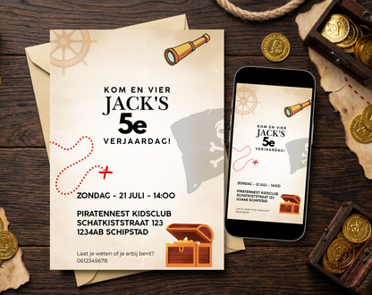 Piraat 5e Verjaardag Uitnodigingstemplate | Bewerkbare Canva Template | A5, A6 & WhatsApp | Digitale Download