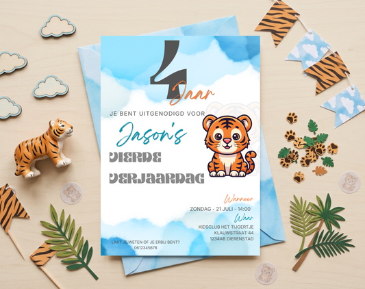 Tijger Vierde Verjaardag Uitnodigingstemplate | Bewerkbare Canva Template | A5, A6 & WhatsApp | Digitale Download