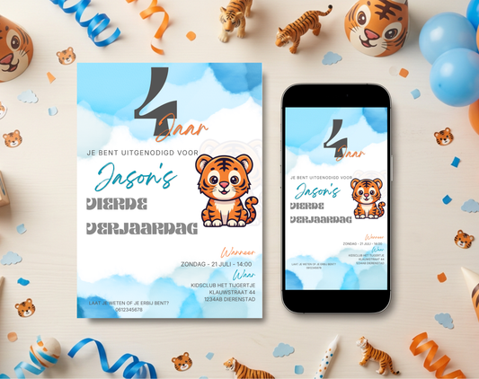 Tijger Vierde Verjaardag Uitnodigingstemplate | Bewerkbare Canva Template | A5, A6 & WhatsApp | Digitale Download