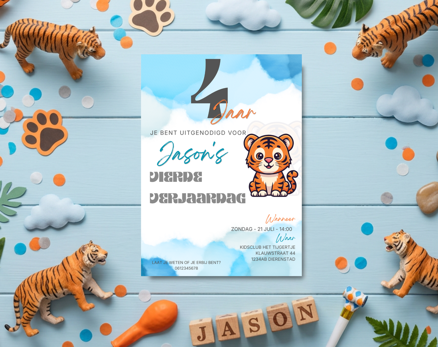 Tijger Vierde Verjaardag Uitnodigingstemplate | Bewerkbare Canva Template | A5, A6 & WhatsApp | Digitale Download
