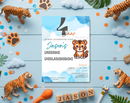 Tijger Vierde Verjaardag Uitnodigingstemplate | Bewerkbare Canva Template | A5, A6 & WhatsApp | Digitale Download