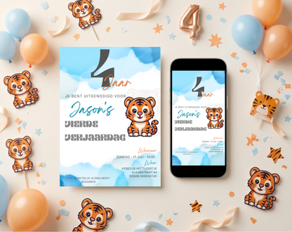 Tijger Vierde Verjaardag Uitnodigingstemplate | Bewerkbare Canva Template | A5, A6 & WhatsApp | Digitale Download