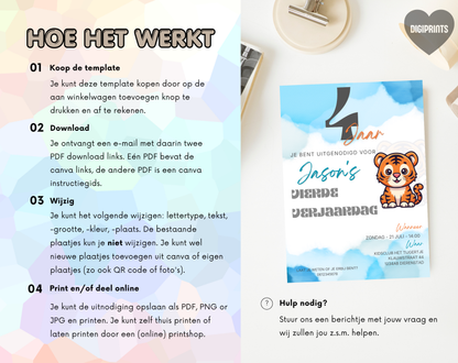 Tijger Vierde Verjaardag Uitnodigingstemplate | Bewerkbare Canva Template | A5, A6 & WhatsApp | Digitale Download