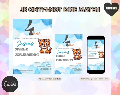 Tijger Vierde Verjaardag Uitnodigingstemplate | Bewerkbare Canva Template | A5, A6 & WhatsApp | Digitale Download