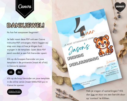 Tijger Vierde Verjaardag Uitnodigingstemplate | Bewerkbare Canva Template | A5, A6 & WhatsApp | Digitale Download