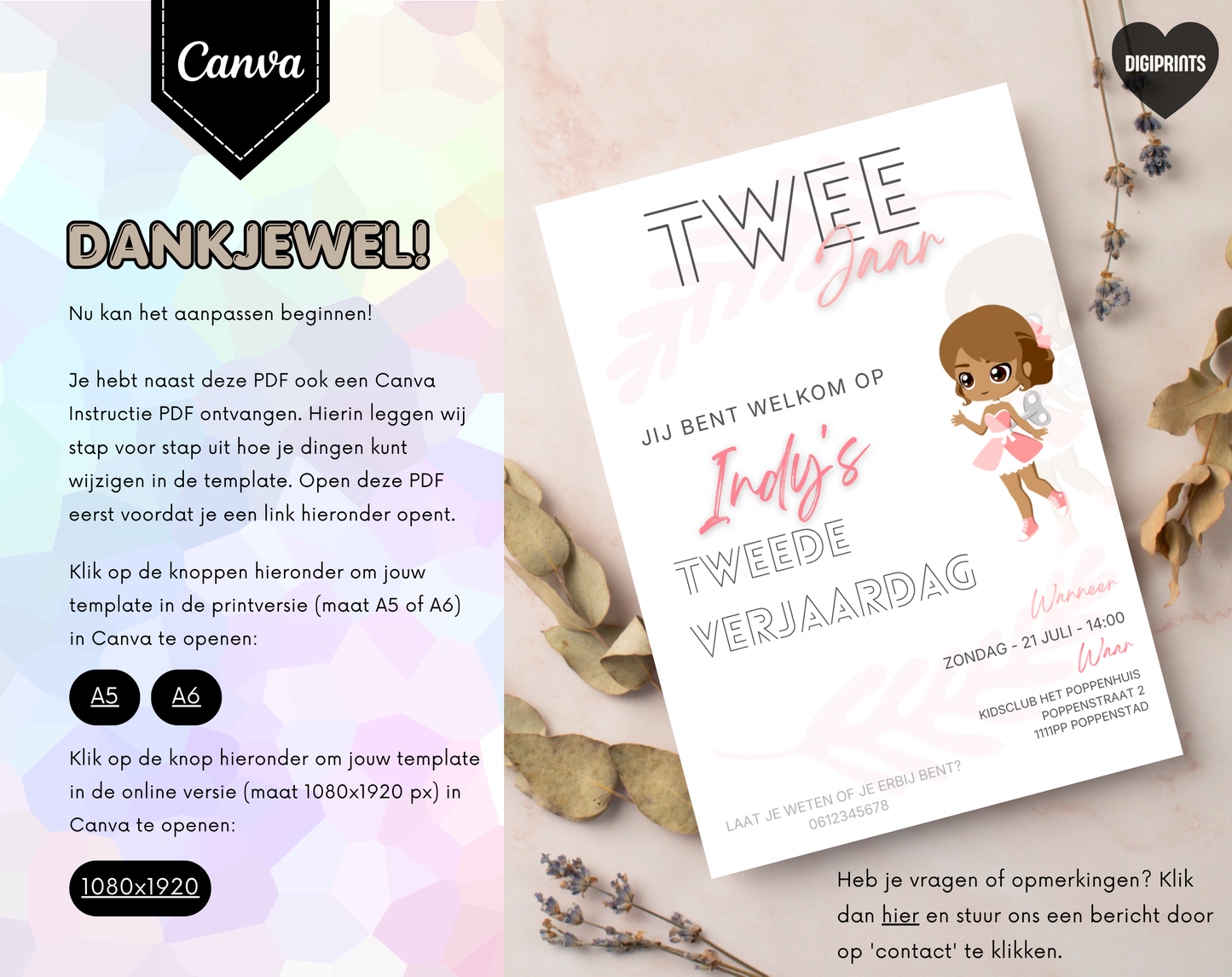 Pop Tweede Verjaardag Uitnodigingstemplate | Bewerkbare Canva Template | A5, A6 & WhatsApp | Digitale Download