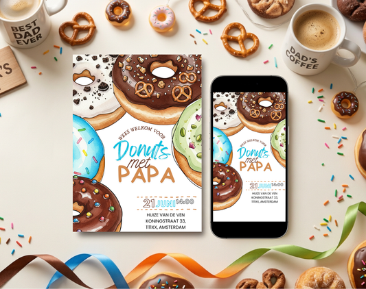 Vaderdag Uitnodiging Donuts met Papa | Canva Template Bewerkbaar | A5 A6 WhatsApp | Download