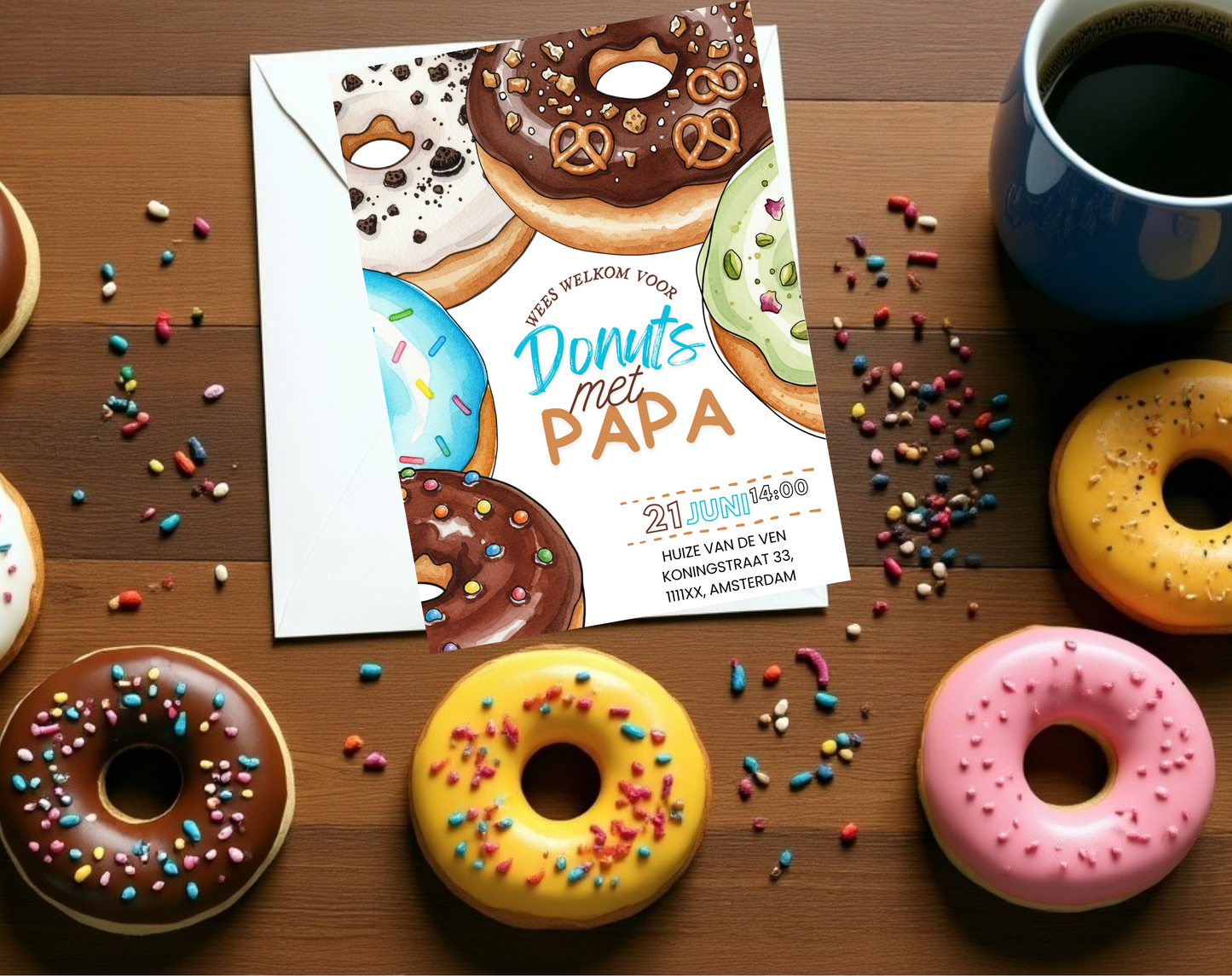 Vaderdag Uitnodiging Donuts met Papa | Canva Template Bewerkbaar | A5 A6 WhatsApp | Download