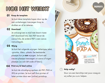 Vaderdag Uitnodiging Donuts met Papa | Canva Template Bewerkbaar | A5 A6 WhatsApp | Download