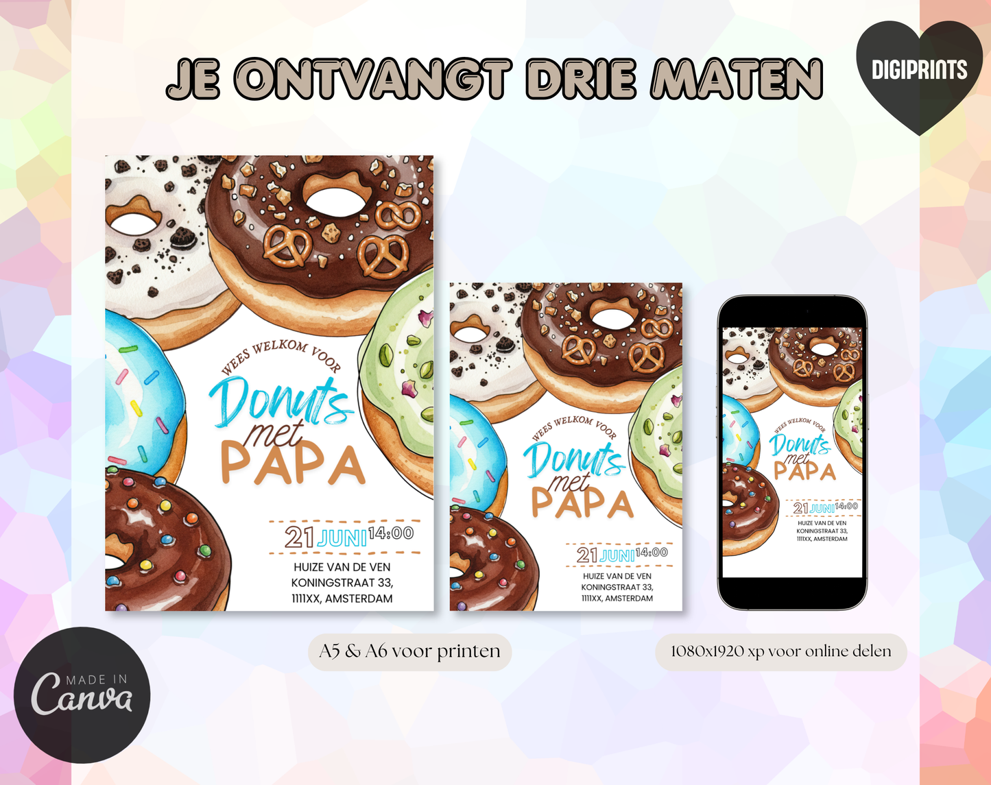 Vaderdag Uitnodiging Donuts met Papa | Canva Template Bewerkbaar | A5 A6 WhatsApp | Download