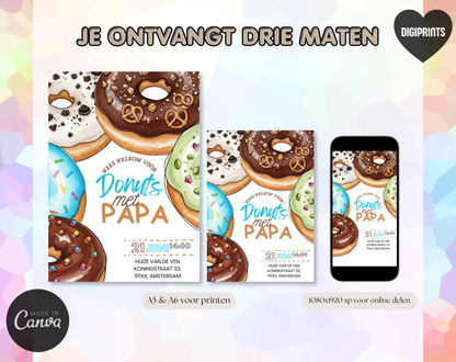 Vaderdag Uitnodiging Donuts met Papa | Canva Template Bewerkbaar | A5 A6 WhatsApp | Download