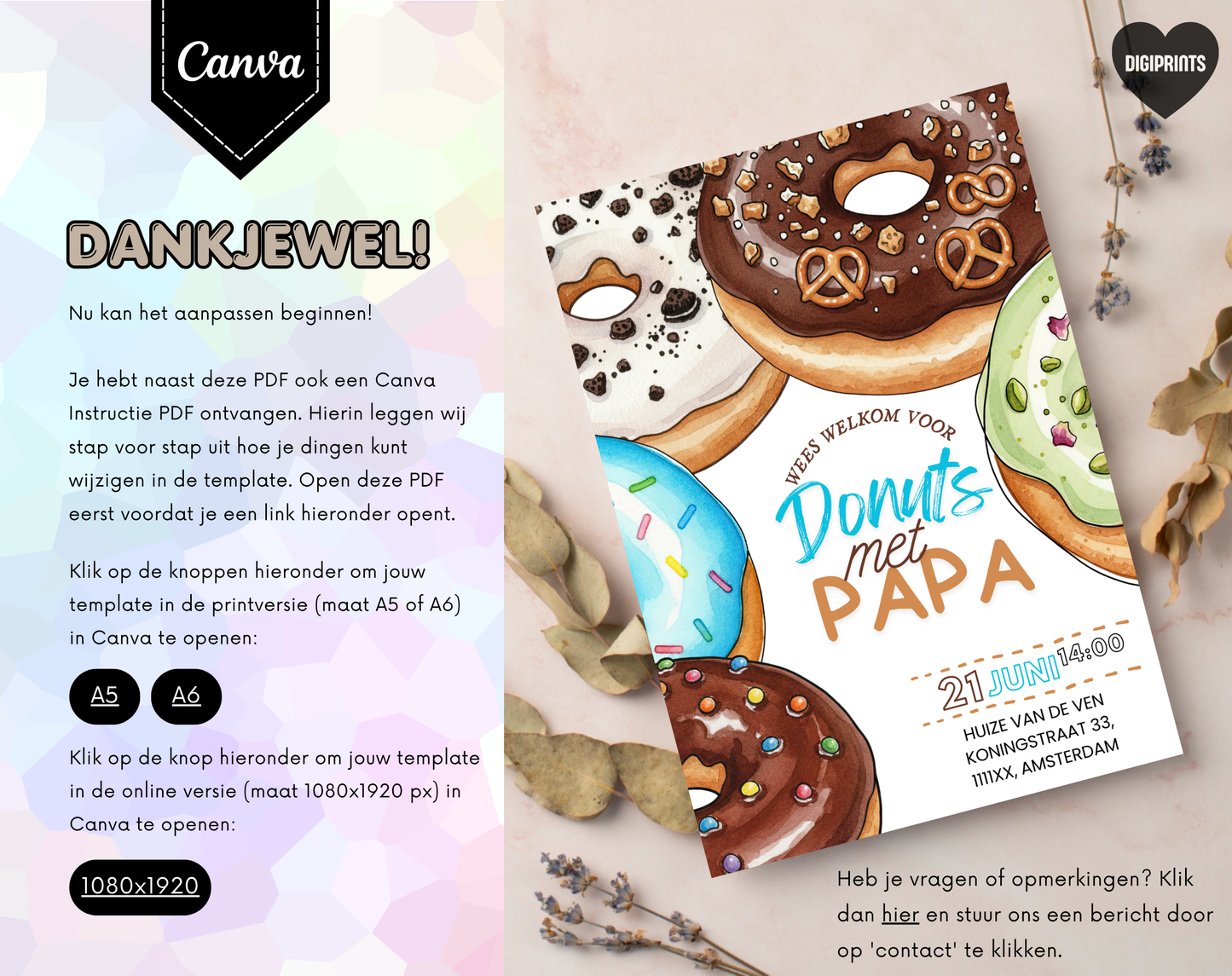 Vaderdag Uitnodiging Donuts met Papa | Canva Template Bewerkbaar | A5 A6 WhatsApp | Download