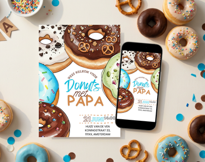 Vaderdag Uitnodiging Donuts met Papa | Canva Template Bewerkbaar | A5 A6 WhatsApp | Download