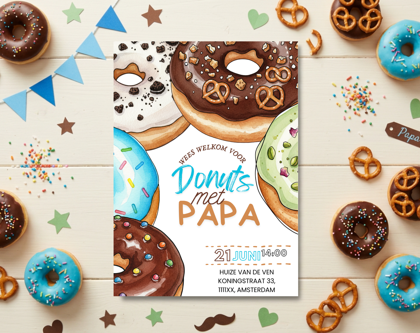 Vaderdag Uitnodiging Donuts met Papa | Canva Template Bewerkbaar | A5 A6 WhatsApp | Download