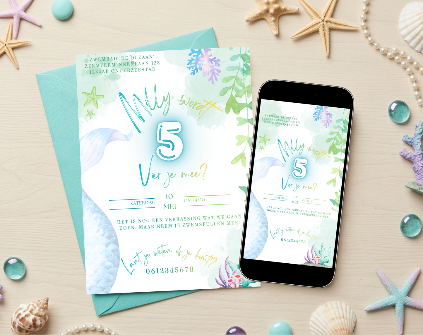 Zeemeermin 5e Verjaardag Uitnodigingstemplate | Bewerkbare Canva Template | A5, A6 & WhatsApp | Digitale Download