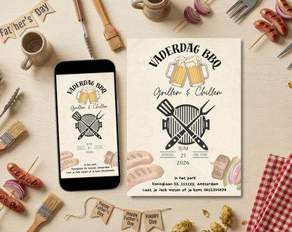 Vaderdag BBQ Uitnodiging Grillen en Chillen | Canva Template | A5 A6 WhatsApp | Direct Download
