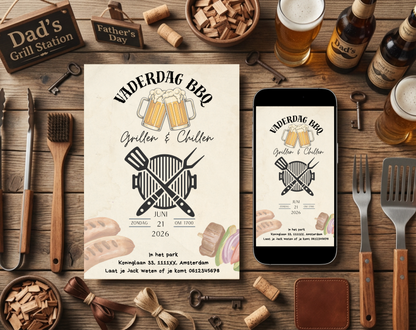 Vaderdag BBQ Uitnodiging Grillen en Chillen | Canva Template | A5 A6 WhatsApp | Direct Download