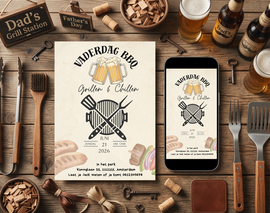 Vaderdag BBQ Uitnodiging Grillen en Chillen | Canva Template | A5 A6 WhatsApp | Direct Download