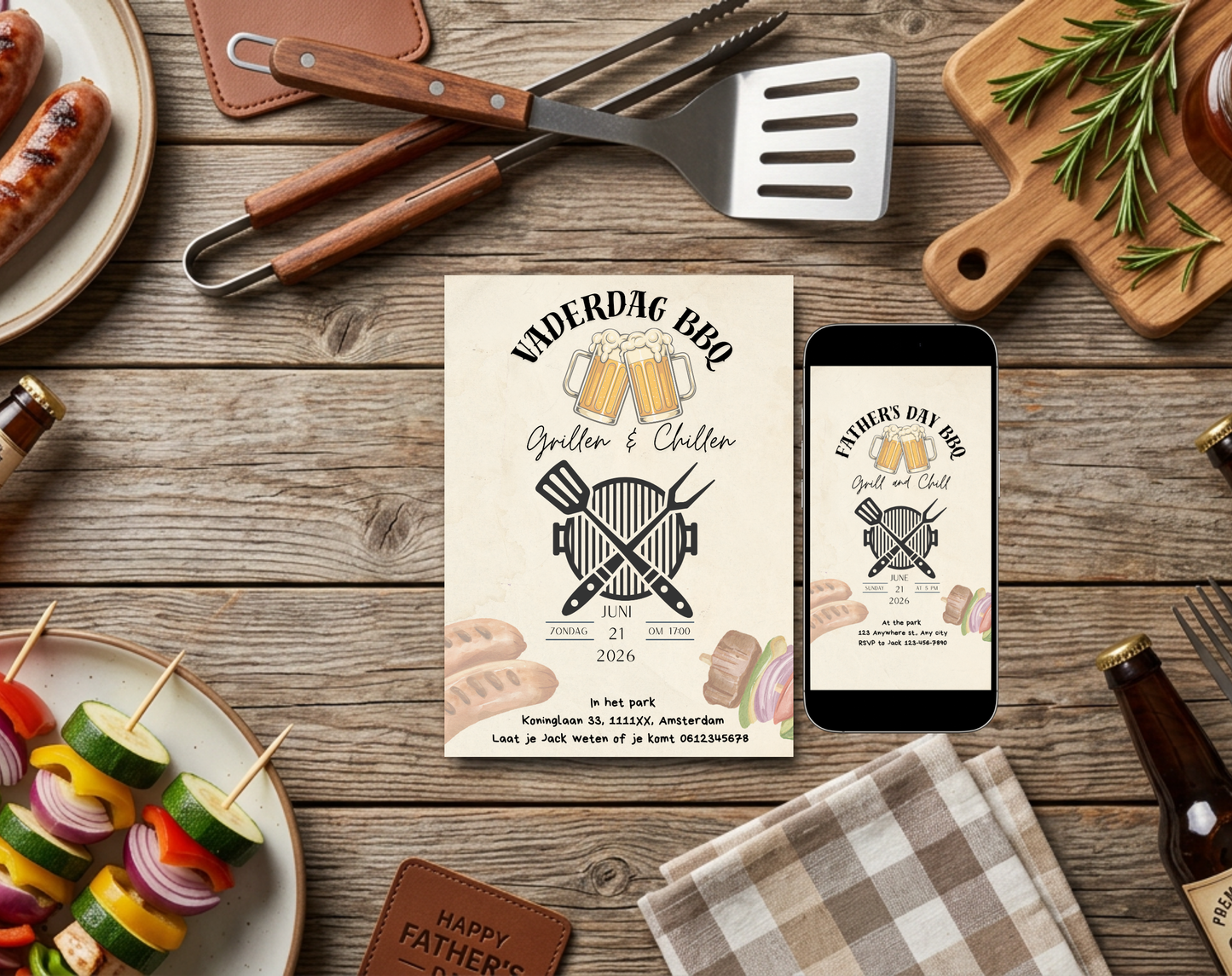Vaderdag BBQ Uitnodiging Grillen en Chillen | Canva Template | A5 A6 WhatsApp | Direct Download