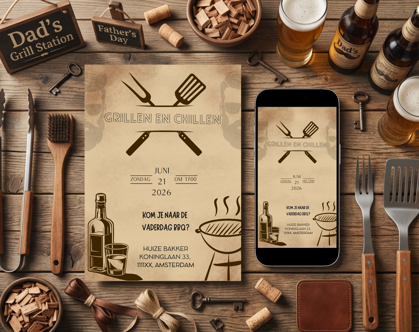 Stoere Vintage Vaderdag BBQ Uitnodiging | Bewerkbare Canva Template | A5 A6 WhatsApp | Download