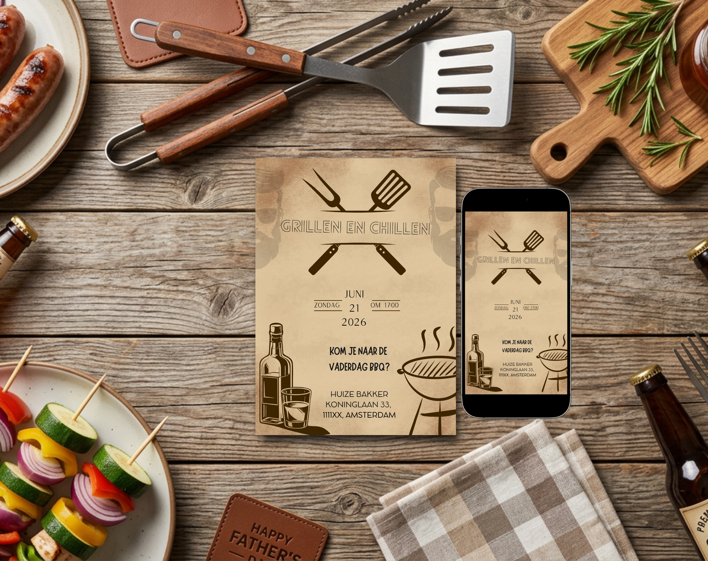 Stoere Vintage Vaderdag BBQ Uitnodiging | Bewerkbare Canva Template | A5 A6 WhatsApp | Download